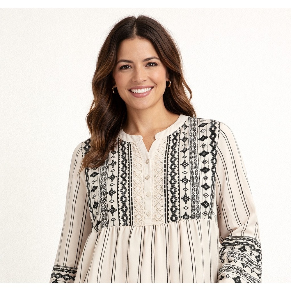 Coldwater Creek Boho Tunic Blouse Women's Large Beige Black‎ Print